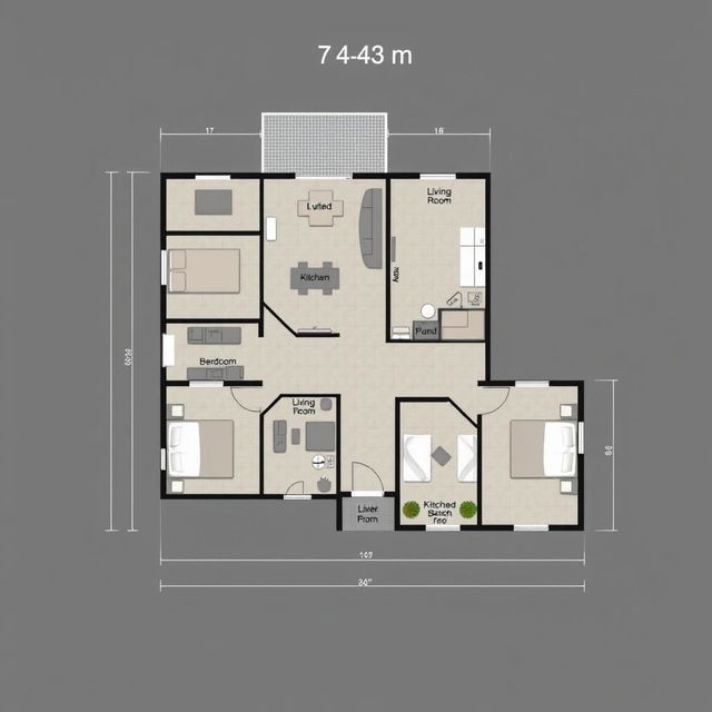 An architectural floor plan layout measuring 7x43 meters