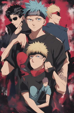 A 32k HD product editorial photograph of a graphic tee featuring characters from 'Jujutsu Kaisen'