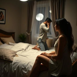 A poignant scene depicting a woman sitting on the edge of a bed, tears streaming down her face as she watches a man embracing and kissing a beautiful, sexy woman dressed in soft pajamas in a cozy bedroom at night