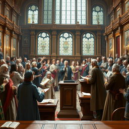 A detailed scene depicting a historic legislative assembly in a grand hall, showcasing diverse representatives from various cultures engaging in passionate debate over important legal acts