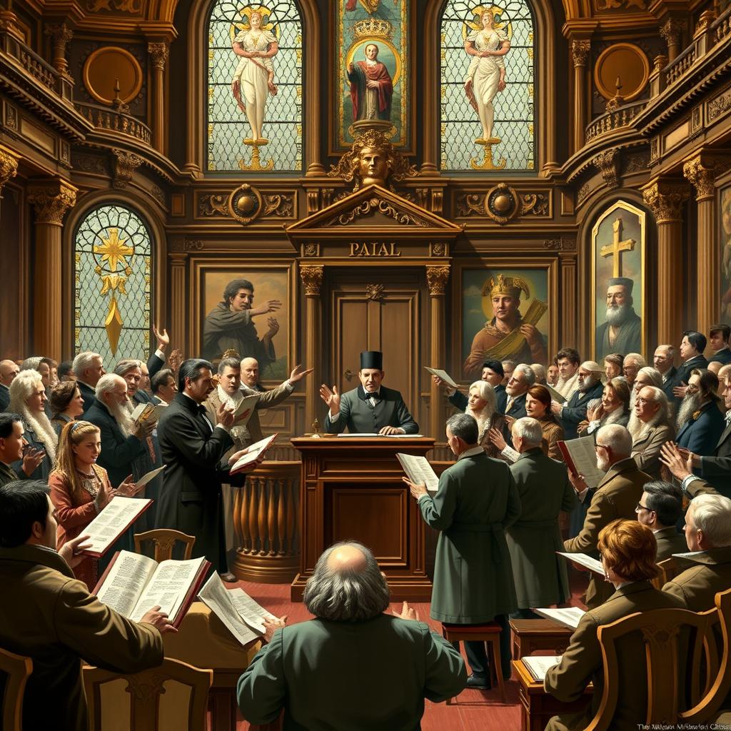 A detailed scene depicting a historic legislative assembly in a grand hall, showcasing diverse representatives from various cultures engaging in passionate debate over important legal acts