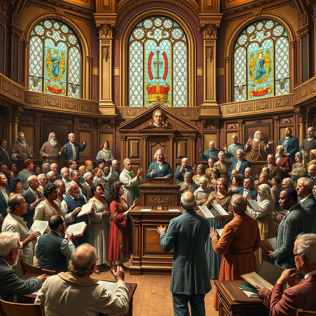 A detailed scene depicting a historic legislative assembly in a grand hall, showcasing diverse representatives from various cultures engaging in passionate debate over important legal acts