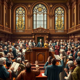 A detailed scene depicting a historic legislative assembly in a grand hall, showcasing diverse representatives from various cultures engaging in passionate debate over important legal acts