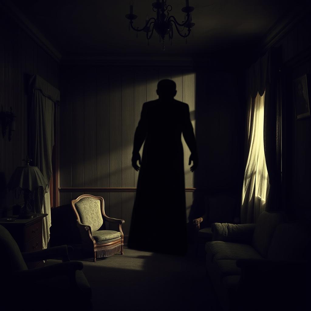 The shadow of a tall, ominous man with hunched shoulders and an entirely black, terrifying face, casting a long silhouette on the wall of a dimly lit living room within an old house