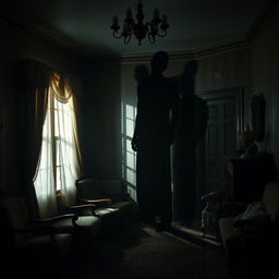 The shadow of a tall, ominous man with hunched shoulders and an entirely black, terrifying face, casting a long silhouette on the wall of a dimly lit living room within an old house