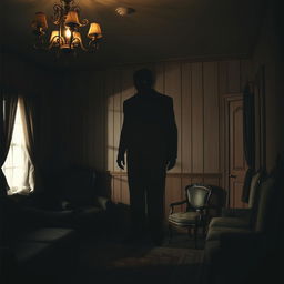 The shadow of a tall, ominous man with hunched shoulders and an entirely black, terrifying face, casting a long silhouette on the wall of a dimly lit living room within an old house
