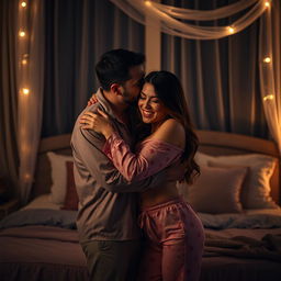 A heartwarming scene depicting a man hugging and kissing a beautiful, sexy woman dressed in cozy pajamas in a dimly lit bedroom at night