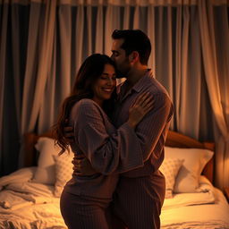 A heartwarming scene depicting a man hugging and kissing a beautiful, sexy woman dressed in cozy pajamas in a dimly lit bedroom at night