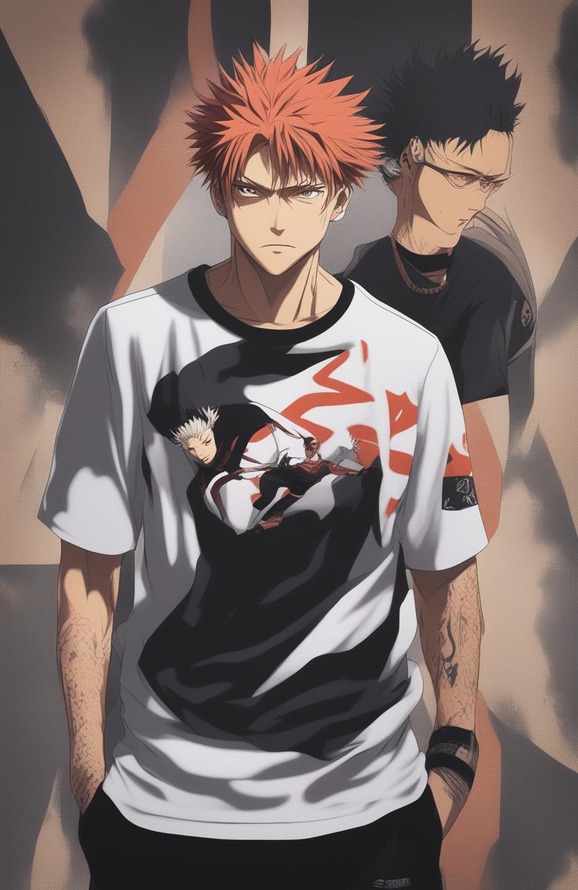 A 32k HD product editorial photograph of a graphic tee featuring characters from 'Jujutsu Kaisen'