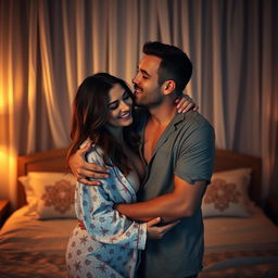 A heartwarming scene depicting a man hugging and kissing a beautiful, sexy woman dressed in cozy pajamas in a dimly lit bedroom at night