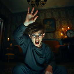 A very frightened teenage boy sitting in the living room of an old house, showcasing a look of terror on his face, with tousled hair and wide eyes, one hand raised above his head in a defensive gesture