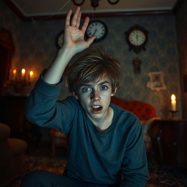 A very frightened teenage boy sitting in the living room of an old house, showcasing a look of terror on his face, with tousled hair and wide eyes, one hand raised above his head in a defensive gesture