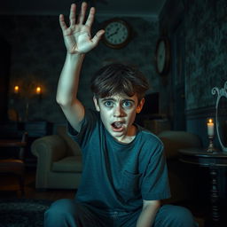 A very frightened teenage boy sitting in the living room of an old house, showcasing a look of terror on his face, with tousled hair and wide eyes, one hand raised above his head in a defensive gesture