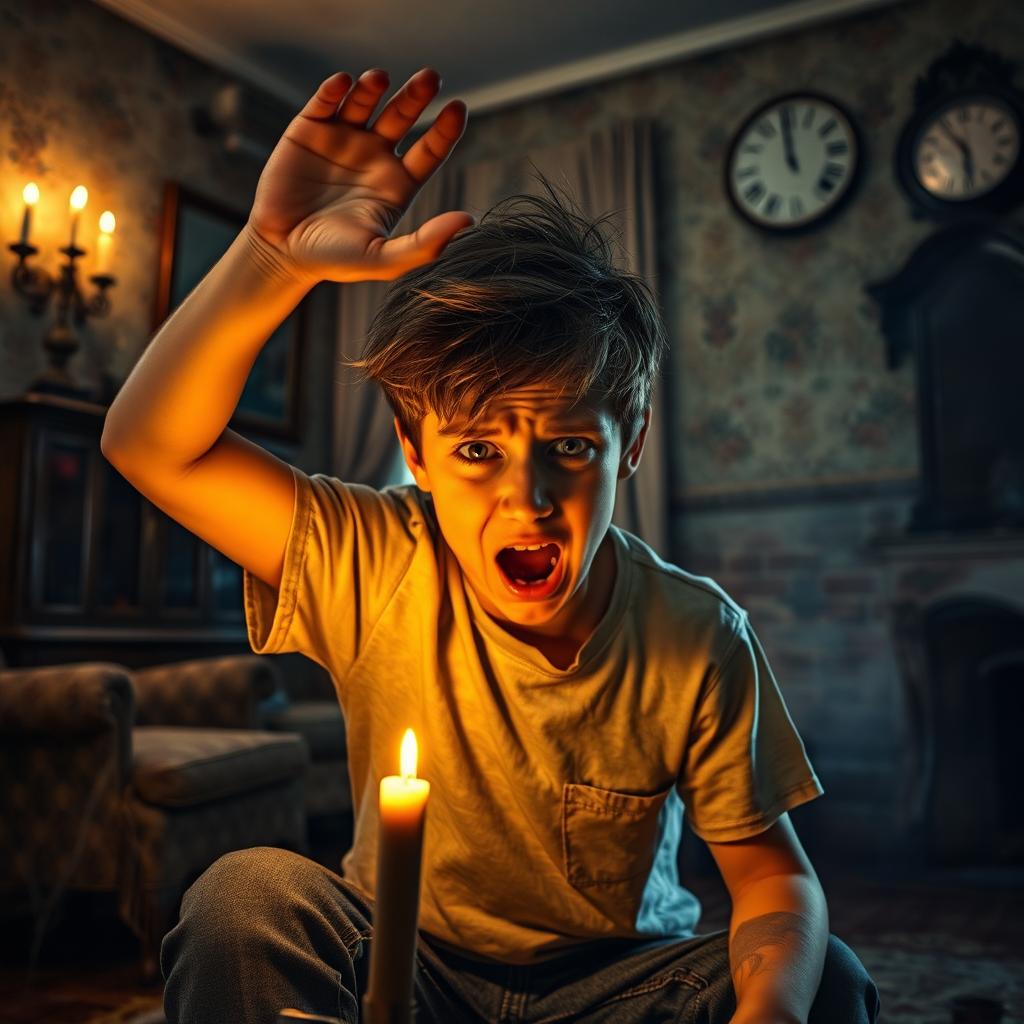 A very frightened teenage boy sitting in the living room of an old house, showcasing a look of terror on his face, with tousled hair and wide eyes, one hand raised above his head in a defensive gesture