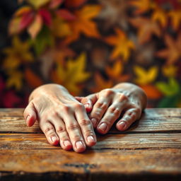A creative reinterpretation of a colorful and vibrant scene depicting hands placed over a wooden table, with intricate details showcasing the texture of the wood and the elegant design of the hands