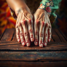 A creative reinterpretation of a colorful and vibrant scene depicting hands placed over a wooden table, with intricate details showcasing the texture of the wood and the elegant design of the hands