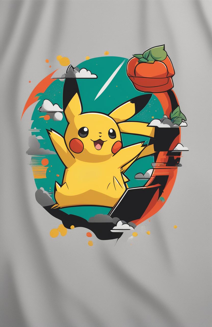 A 32k HD product editorial photo of a graphic tee featuring a vibrant Pikachu print