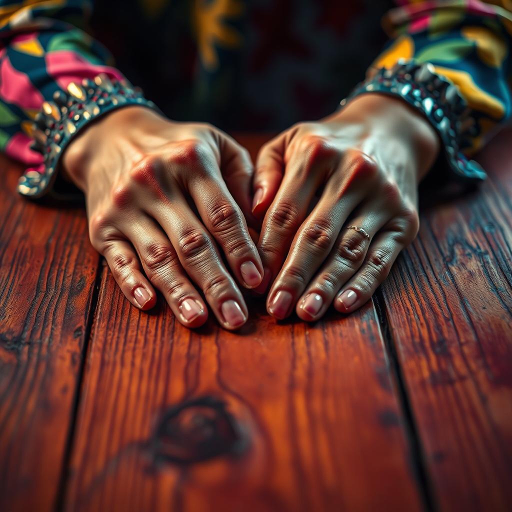 A creative reinterpretation of a colorful and vibrant scene depicting hands placed over a wooden table, with intricate details showcasing the texture of the wood and the elegant design of the hands