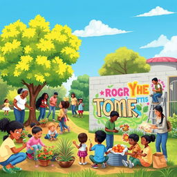 A vibrant scene illustrating a community engaged in various acts of kindness and goodwill