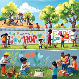 A vibrant scene illustrating a community engaged in various acts of kindness and goodwill