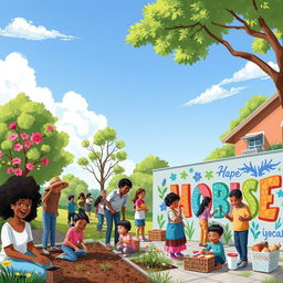 A vibrant scene illustrating a community engaged in various acts of kindness and goodwill