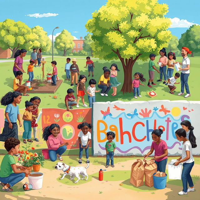 A vibrant scene illustrating a community engaged in various acts of kindness and goodwill