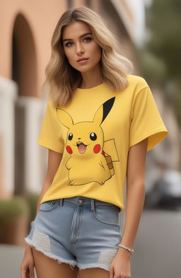 A 32k HD product editorial photo of a graphic tee featuring a vibrant Pikachu print