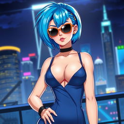 A stunning portrayal of Bulma from Dragon Ball, showcasing her in a stylish, sleek outfit that accentuates her curves