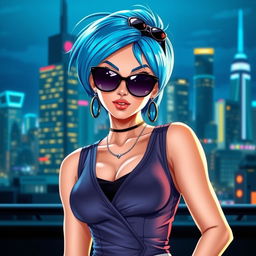 A stunning portrayal of Bulma from Dragon Ball, showcasing her in a stylish, sleek outfit that accentuates her curves