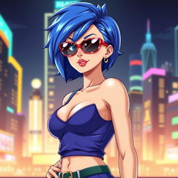 A stunning portrayal of Bulma from Dragon Ball, showcasing her in a stylish, sleek outfit that accentuates her curves
