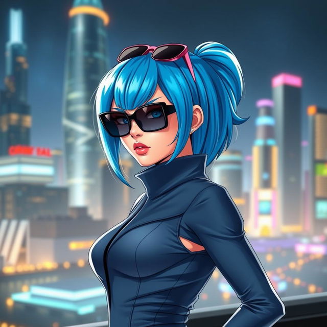 A stunning portrayal of Bulma from Dragon Ball, showcasing her in a stylish, sleek outfit that accentuates her curves