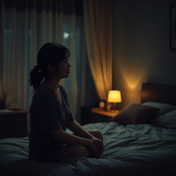 A poignant scene featuring a Chinese woman sitting on the edge of a bed, tears in her eyes as she gazes at a man standing across the room in a softly lit bedroom at night