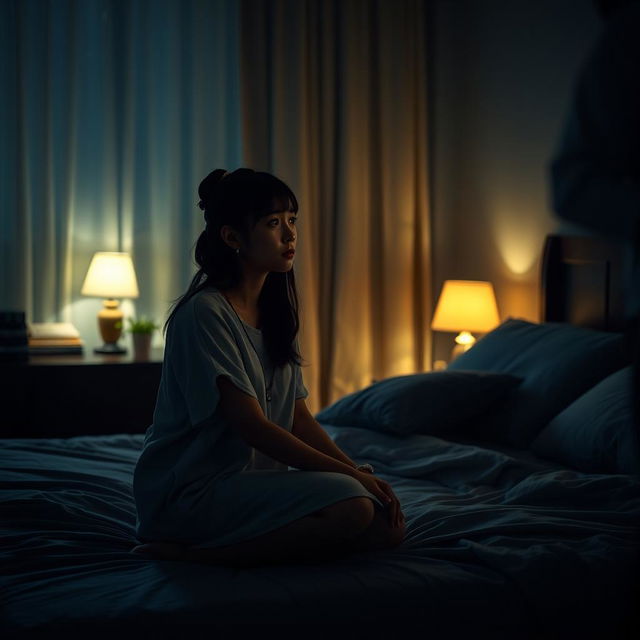 A poignant scene featuring a Chinese woman sitting on the edge of a bed, tears in her eyes as she gazes at a man standing across the room in a softly lit bedroom at night