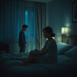 A poignant scene featuring a Chinese woman sitting on the edge of a bed, tears in her eyes as she gazes at a man standing across the room in a softly lit bedroom at night