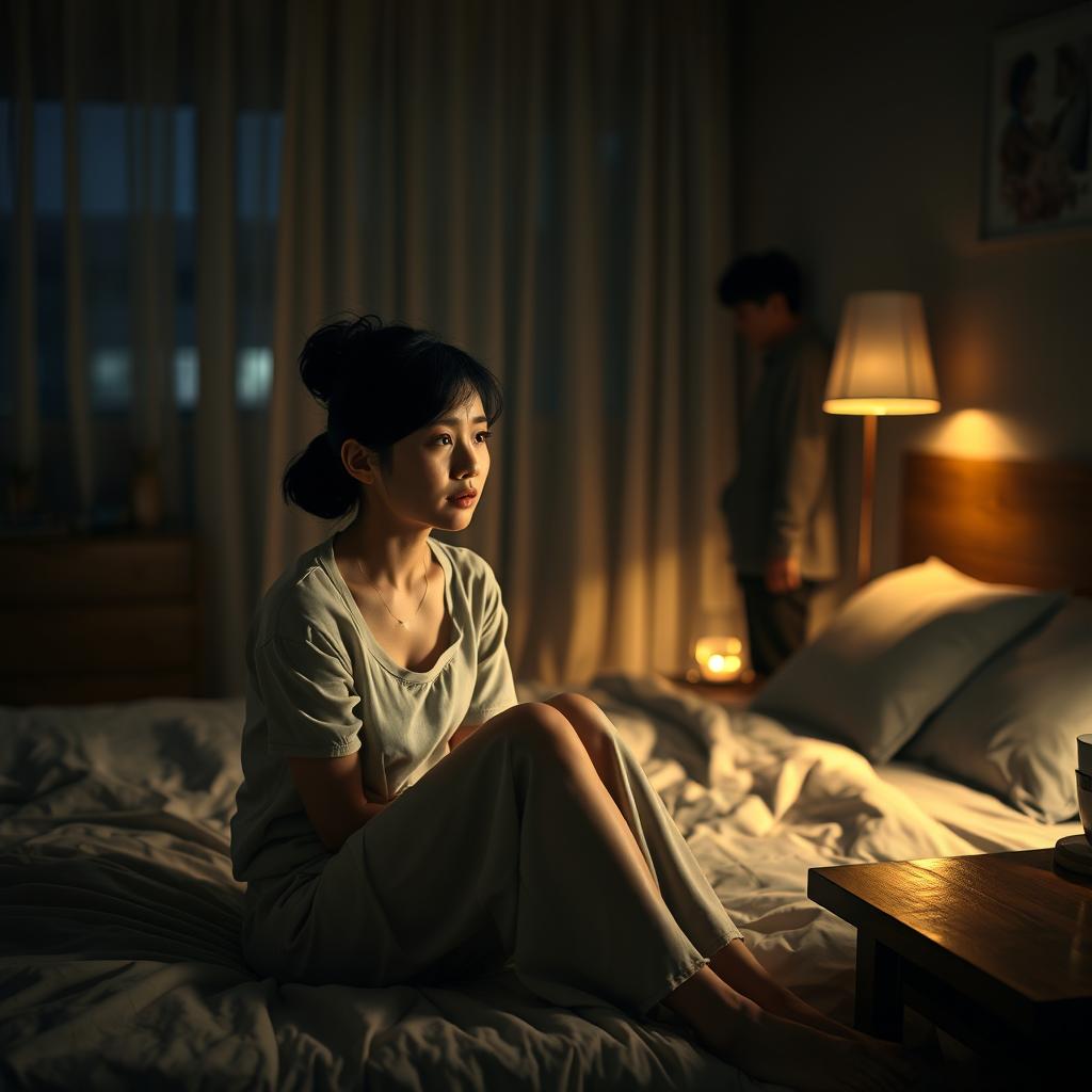 A poignant scene featuring a Chinese woman sitting on the edge of a bed, tears in her eyes as she gazes at a man standing across the room in a softly lit bedroom at night