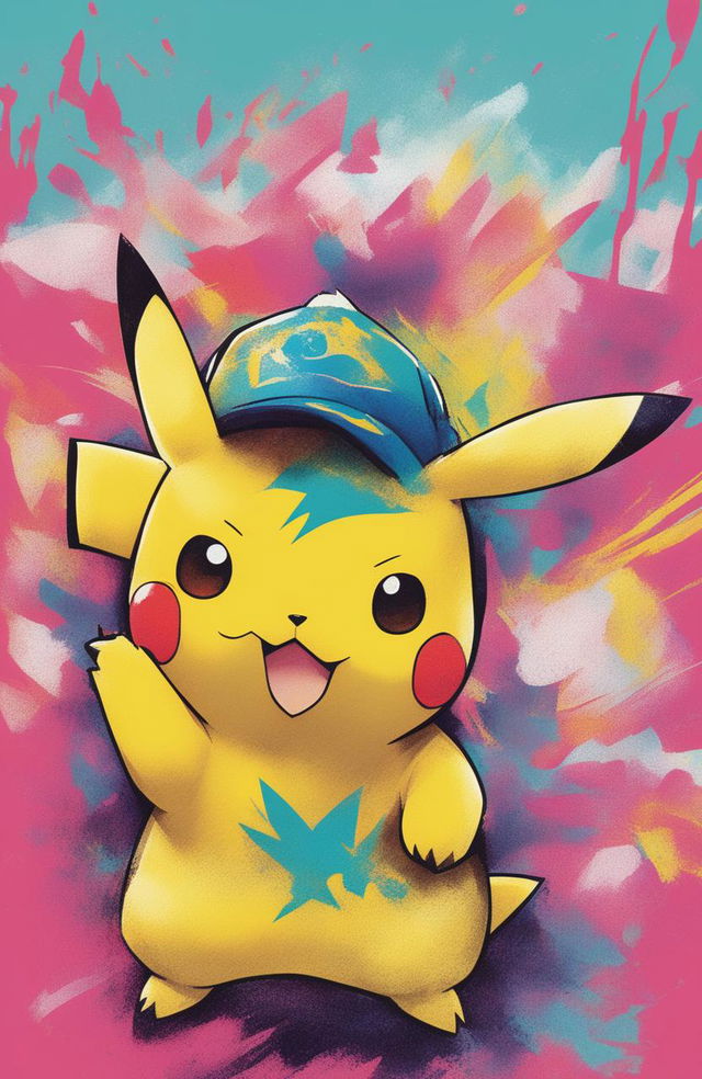 A 32k HD product editorial photo of a graphic tee featuring a vibrant Pikachu print