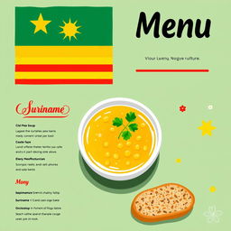 A vibrant lunch menu design featuring the Suriname flag prominently at the top