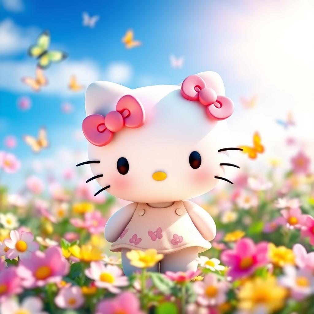 A cute and cheerful Hello Kitty character, standing in a vibrant, colorful garden filled with flowers, butterflies, and sunlight