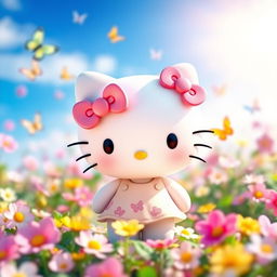 A cute and cheerful Hello Kitty character, standing in a vibrant, colorful garden filled with flowers, butterflies, and sunlight