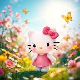 A cute and cheerful Hello Kitty character, standing in a vibrant, colorful garden filled with flowers, butterflies, and sunlight