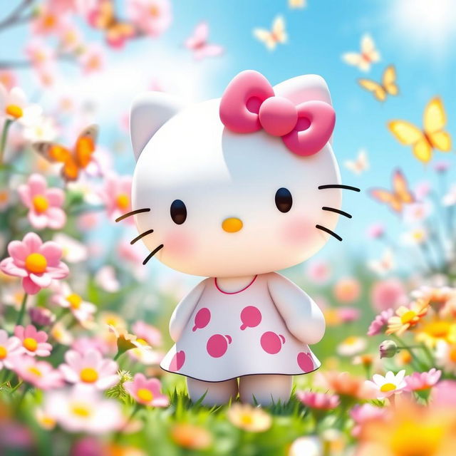 A cute and cheerful Hello Kitty character, standing in a vibrant, colorful garden filled with flowers, butterflies, and sunlight