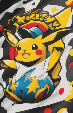 A 32k HD product editorial photo of a graphic tee featuring a vibrant Pikachu print