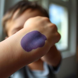 A close-up view of a boy's wrist showcasing a prominent blue bruise