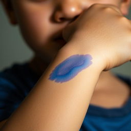 A close-up view of a boy's wrist showcasing a prominent blue bruise