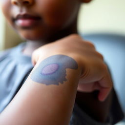 A close-up view of a boy's wrist showcasing a prominent blue bruise