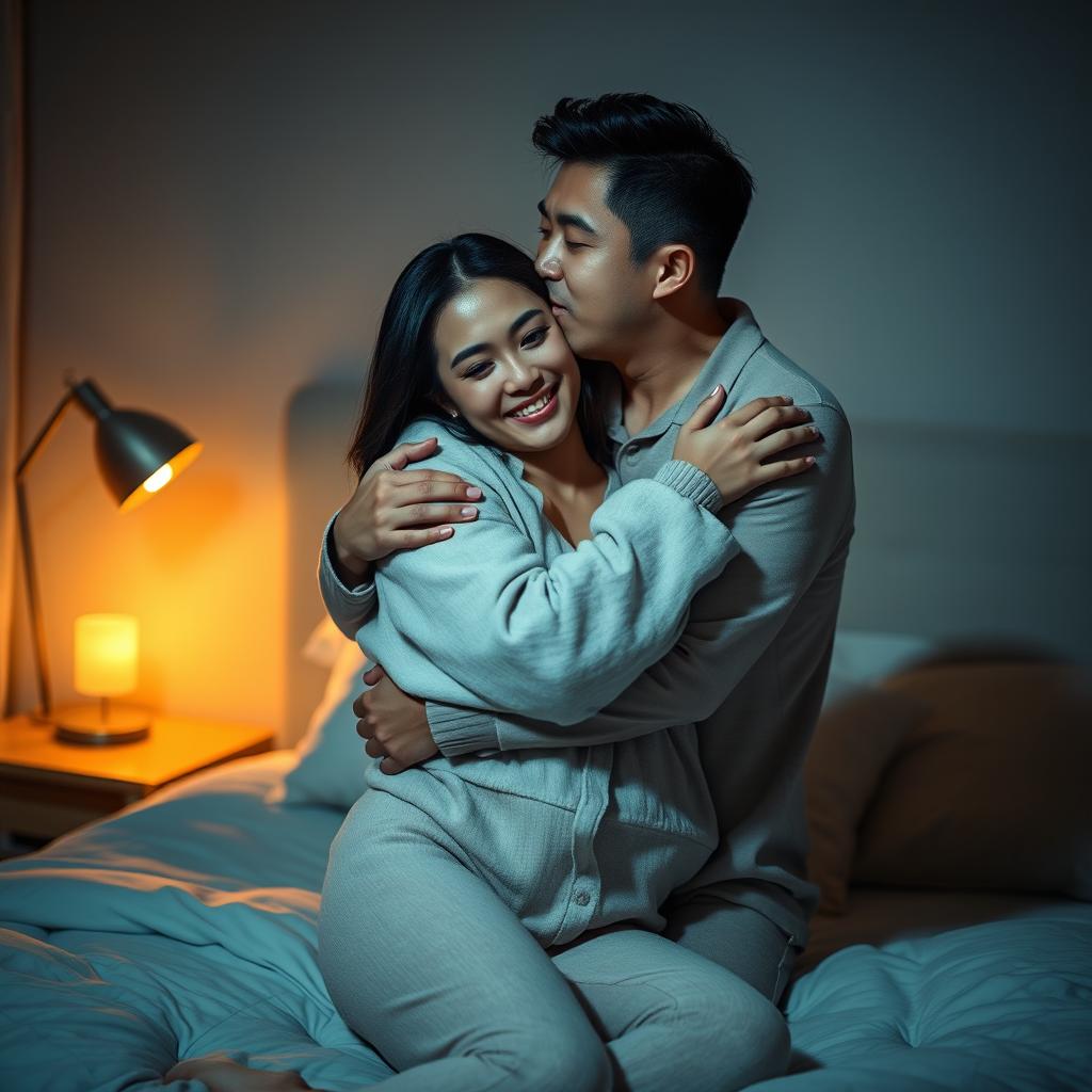 A tender scene featuring a Chinese man lovingly hugging and kissing a beautiful, sexy woman in cozy pajamas in a softly lit bedroom at night