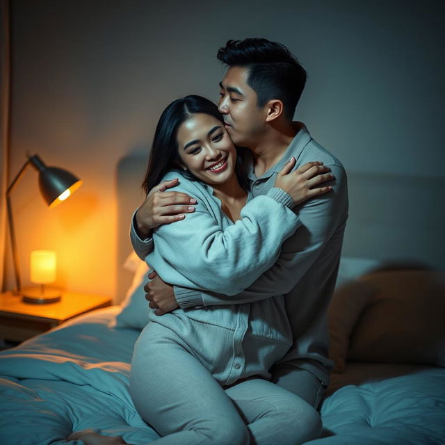A tender scene featuring a Chinese man lovingly hugging and kissing a beautiful, sexy woman in cozy pajamas in a softly lit bedroom at night