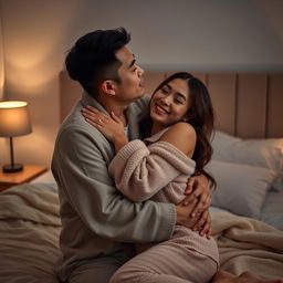 A tender scene featuring a Chinese man lovingly hugging and kissing a beautiful, sexy woman in cozy pajamas in a softly lit bedroom at night