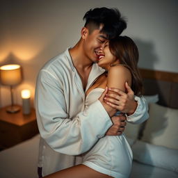 A tender scene featuring a Chinese man lovingly hugging and kissing a beautiful, sexy woman in cozy pajamas in a softly lit bedroom at night