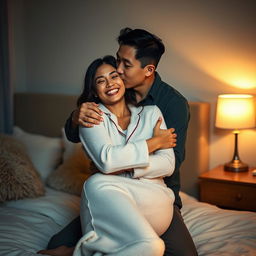 A tender scene featuring a Chinese man lovingly hugging and kissing a beautiful, sexy woman in cozy pajamas in a softly lit bedroom at night